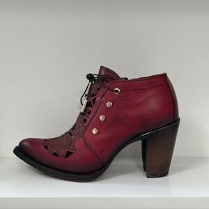 Cuadra Womens Red Leather Cutout Floral Ankle Boot Goodyear Welt Chunky Heel 6.5
